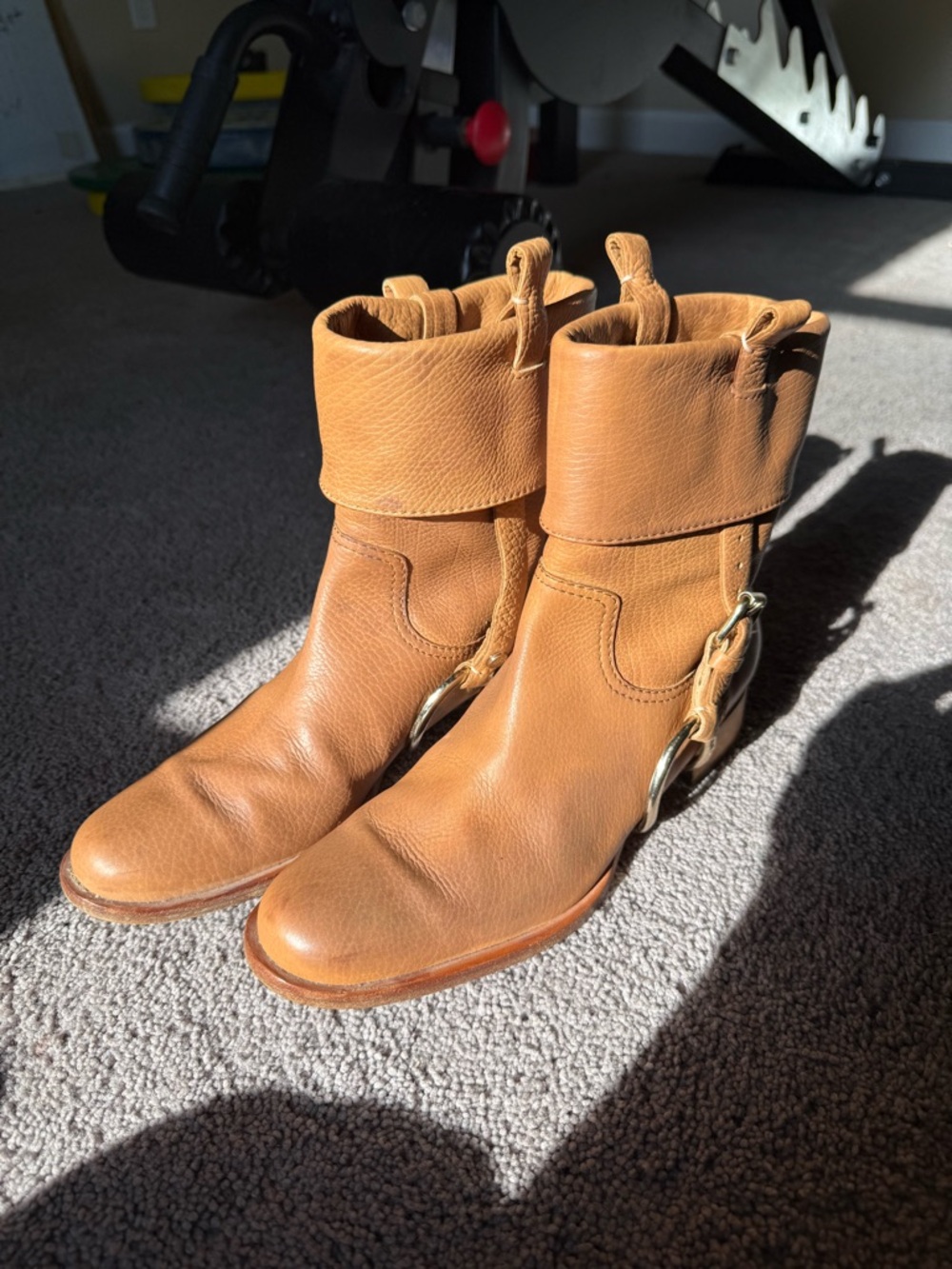 Celine Tan Leather Fold-Over Ankle Boots with Buckle Ring - Picture 2 of 7